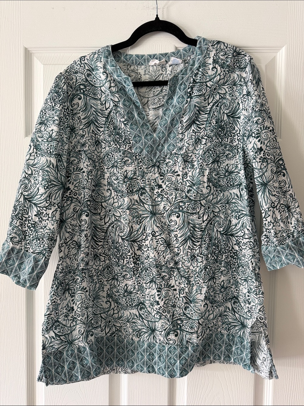 Sigrid Olsen Teal and White Printed V-Neck Tunic Blouse